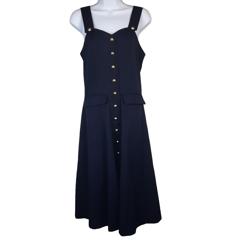 VTG Button Front Midi Dress Womens 4 Blue Pinafore Pockets Cottagecore Academia